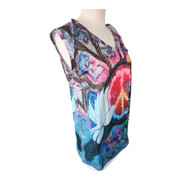 Psychedelic Peace Sign Art Tee | Vivid Graphic Cap Sleeve Top | Size L - Picture 2 of 10